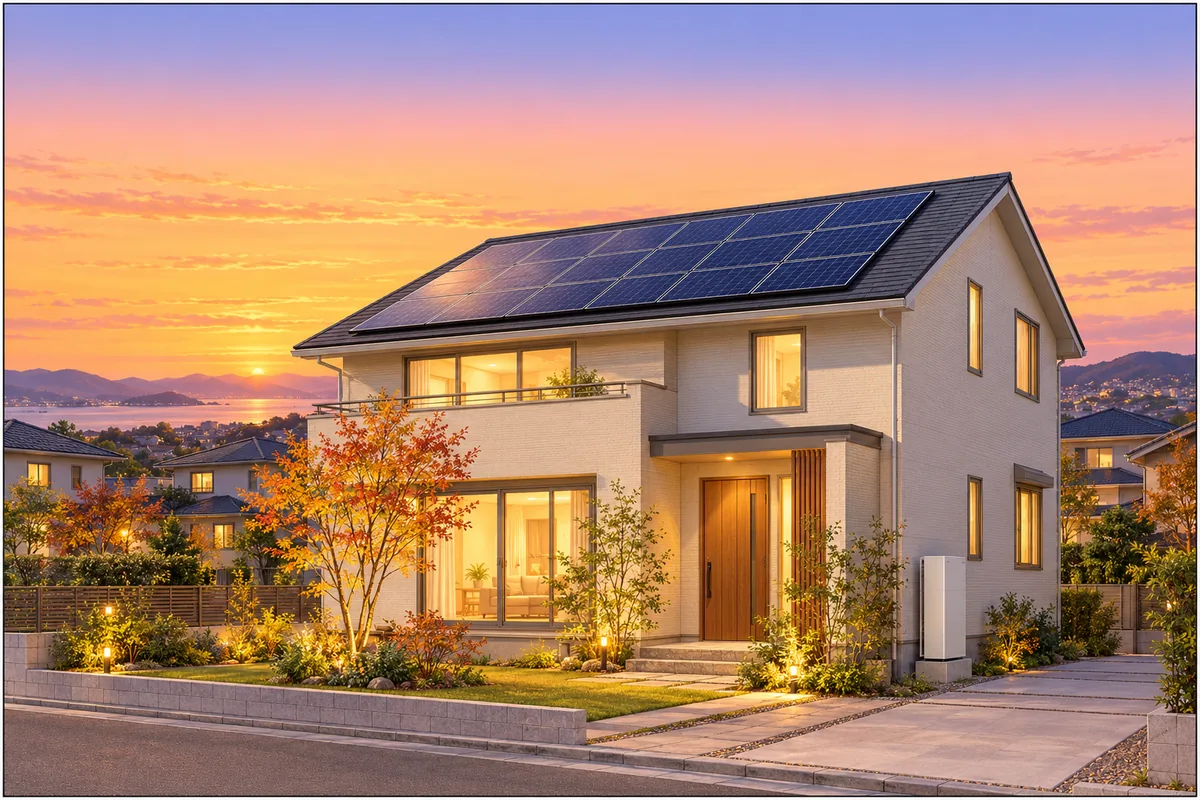 兵庫の住宅街に建つ、屋根に太陽光パネル・壁際に蓄電池のある一戸建て。秋の夕方、窓に灯り