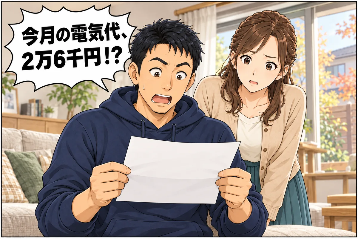 夫が検針票を見て驚く。吹き出し「今月の電気代、2万6千円！？」
