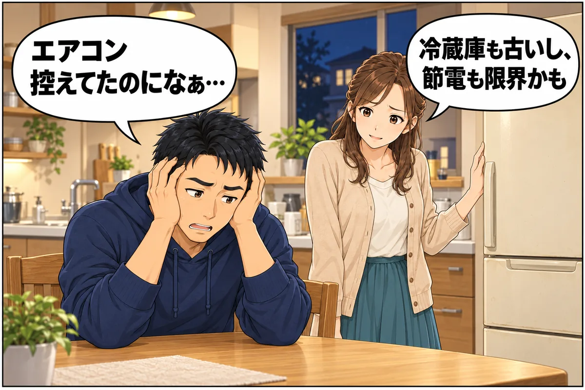 台所の夫婦。夫「エアコン控えてたのになぁ…」妻「冷蔵庫も古いし、節電も限界かも」