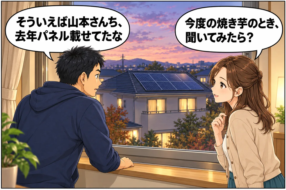 窓から隣家の屋根のパネルが見える。夫「そういえば山本さんち、去年パネル載せてたな」妻「今度の焼き芋のとき聞いてみたら？」