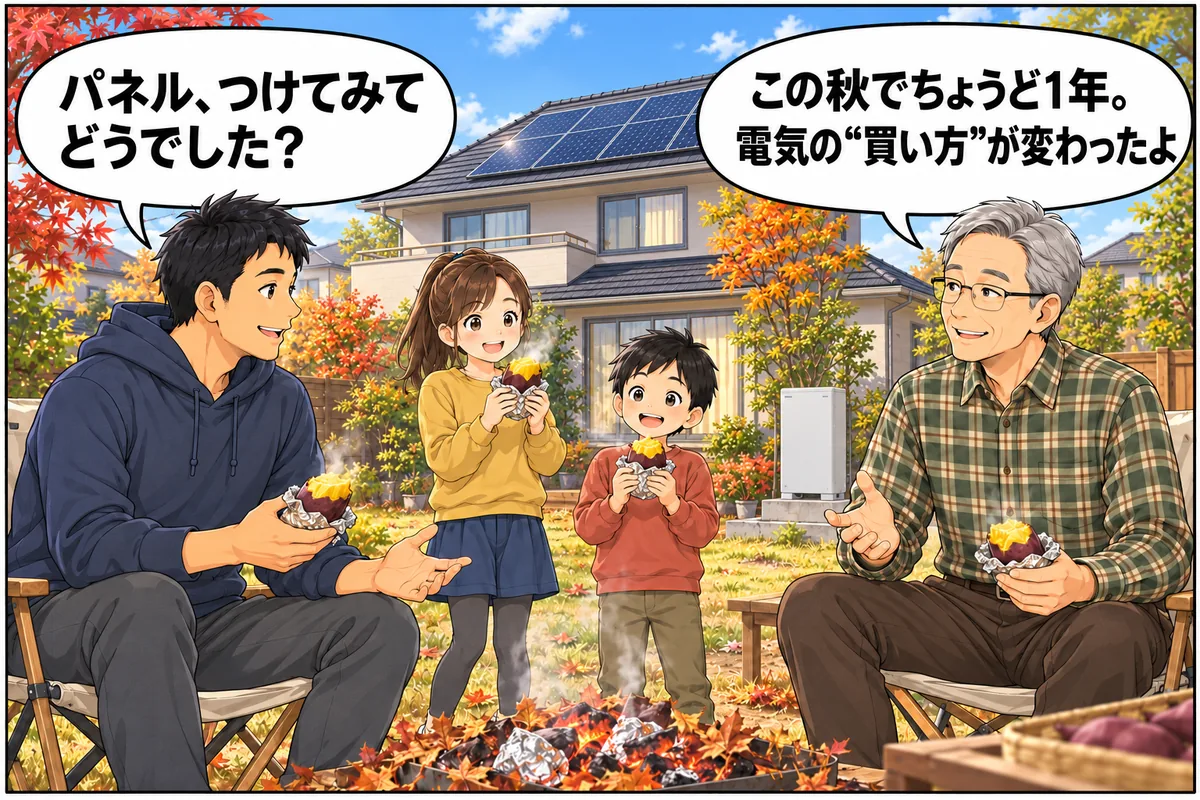 週末、山本さん宅の庭で焼き芋。夫「つけてみて、どうでした？」山本さん「この秋でちょうど1年。電気の“買い方”が変わったよ」