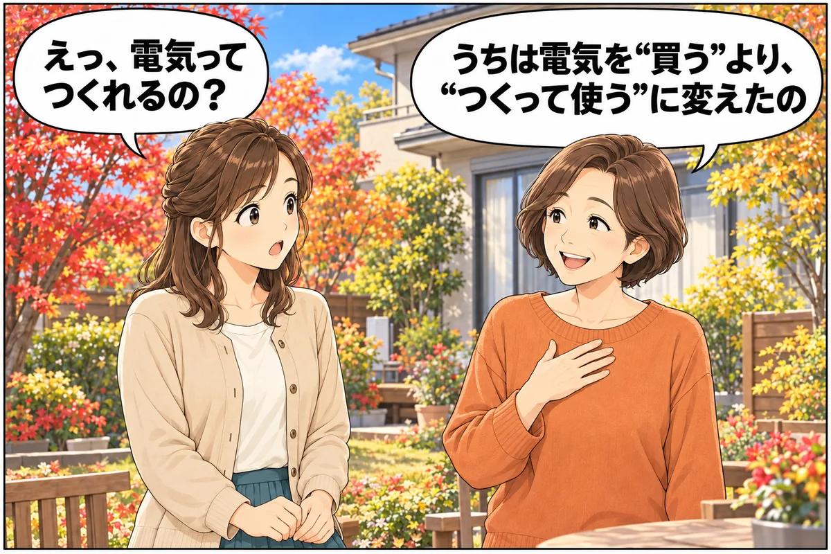 山本さん（奥さん）が笑顔で説明。「うちは、電気を“買う”より“つくって使う”に変えたの」夫婦「えっ、つくれるの？」