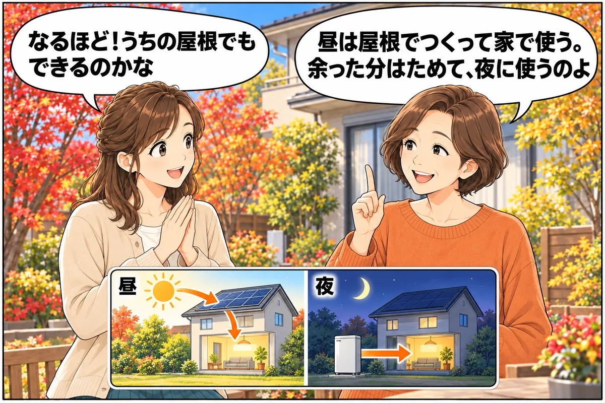 山本さん「昼は屋根でつくって家で使う。余った分は蓄電池にためて、夜に使うのよ」妻「なるほど！うちの屋根でもできるのかな」
