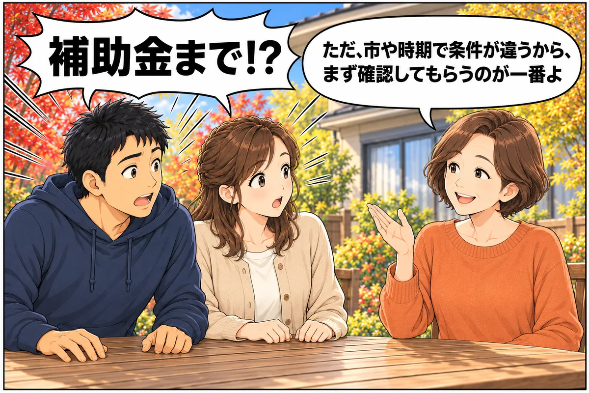 夫婦「補助金まで！？」山本さん「ただ、市や時期で条件が違うから、まずは確認してもらうのが一番」