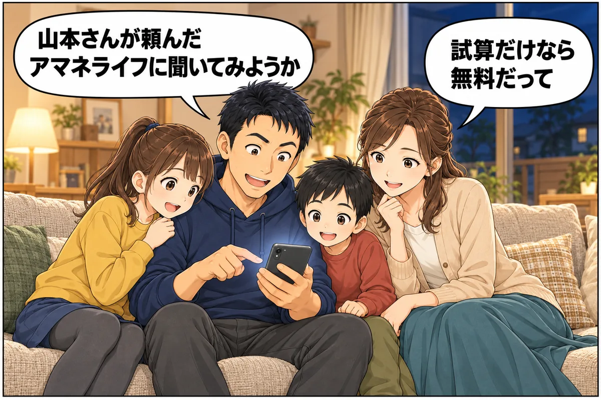 帰宅後のリビング。家族でスマホを囲む。夫「山本さんが頼んだアマネライフに聞いてみようか」妻「試算だけなら無料だって」