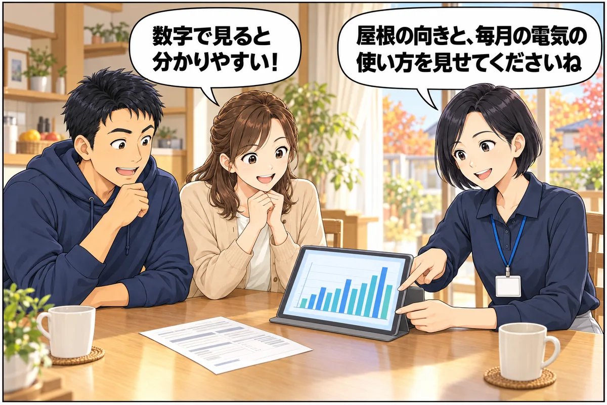 自宅で担当者と家族が資料を見る。担当者「屋根の向きと、毎月の電気の使い方を見せてくださいね」妻「数字で見ると分かりやすい！」