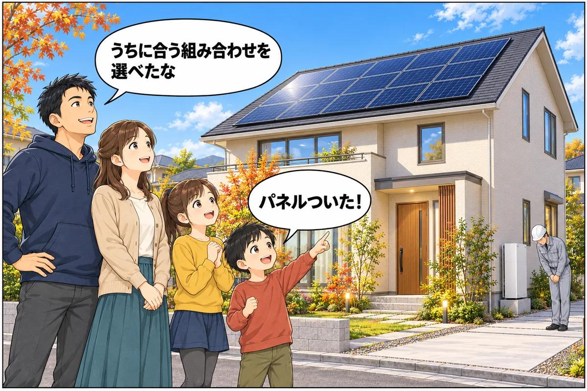 設置が終わった自宅の前で家族が笑顔。子ども「パネルついた！」夫「うちに合う組み合わせを選べたな」