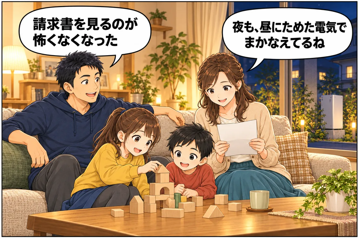 導入後のある夜、明るいリビング。妻「夜も、昼にためた電気でまかなえてるね」夫「請求書を見るのが怖くなくなった」