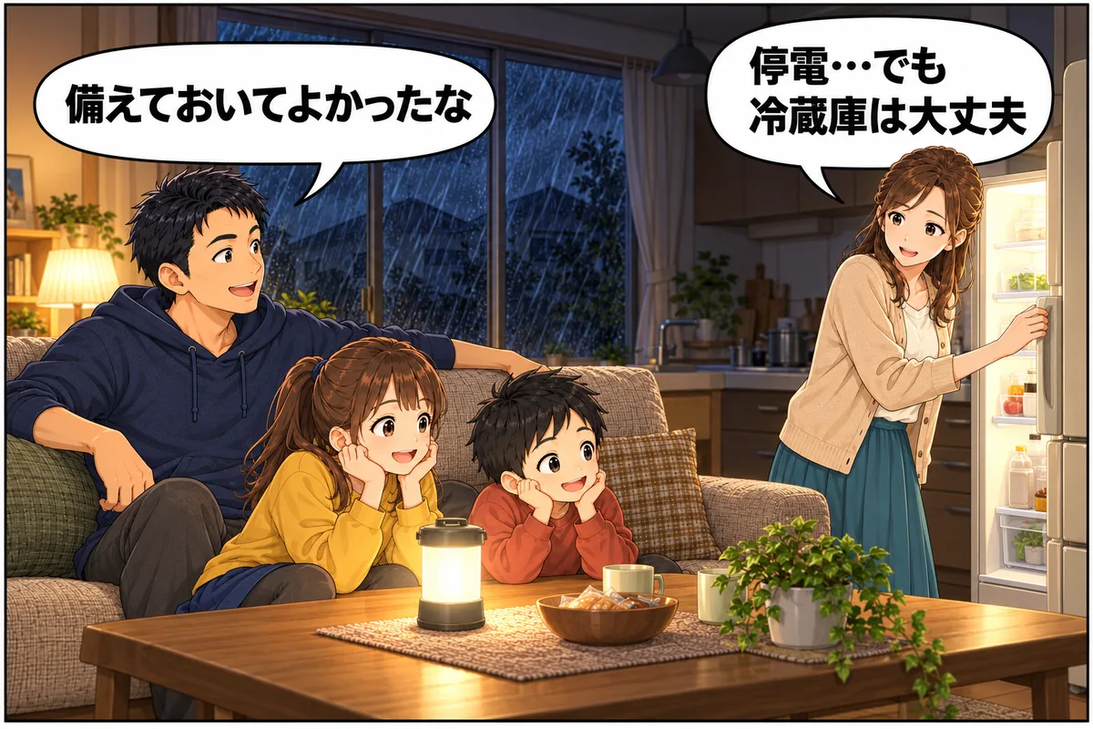 台風で周りの家が真っ暗。自宅だけ一部の照明がつき、冷蔵庫も動いている。妻「停電…でも冷蔵庫は大丈夫」夫「備えておいてよかったな」